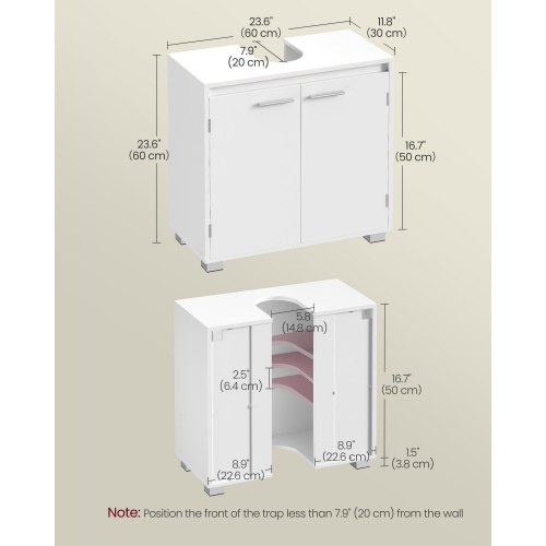 Underskab til håndvask med 2 rum – passer til forskellige håndvaske, justerbar hylde, med ben, 30 × 60 × 60 cm – skyhvid