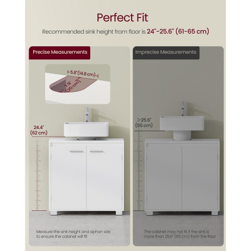 Underskab til håndvask med 2 rum – passer til forskellige håndvaske, justerbar hylde, med ben, 30 × 60 × 60 cm – skyhvid