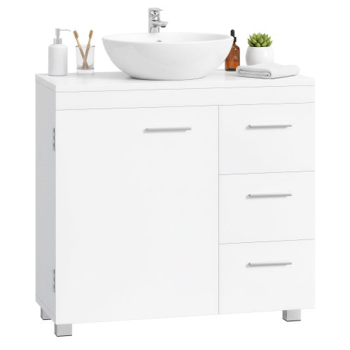 Underskab til håndvask med skuffer – hvid badeværelsesopbevaring, 3 skuffer og 2 rum, passer til vaske med/uden søjle