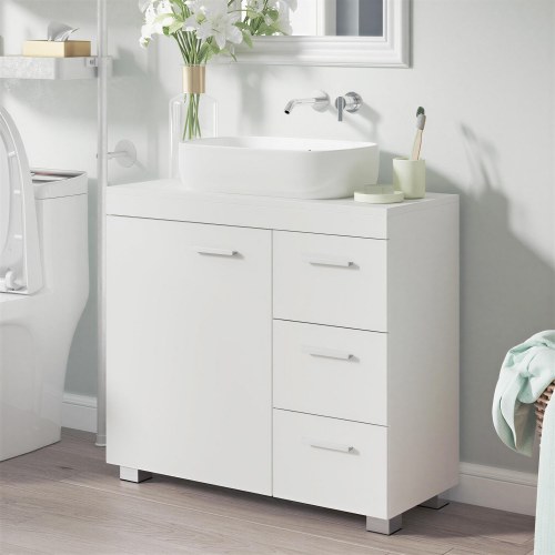 Underskab til håndvask med skuffer – hvid badeværelsesopbevaring, 3 skuffer og 2 rum, passer til vaske med/uden søjle