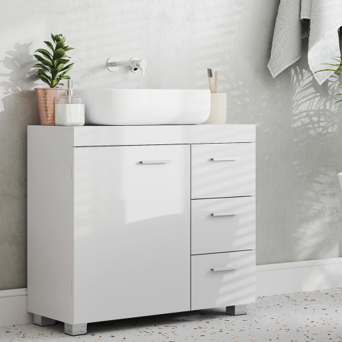 Underskab til håndvask med skuffer – hvid badeværelsesopbevaring, 3 skuffer og 2 rum, passer til vaske med/uden søjle