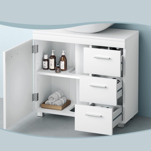 Underskab til håndvask med skuffer – hvid badeværelsesopbevaring, 3 skuffer og 2 rum, passer til vaske med/uden søjle