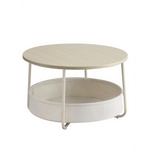 Rundt sofabord med opbevaringskurv - moderne stuebord i naturbeige/cremehvid, metalstel, Ø75 × H45 cm