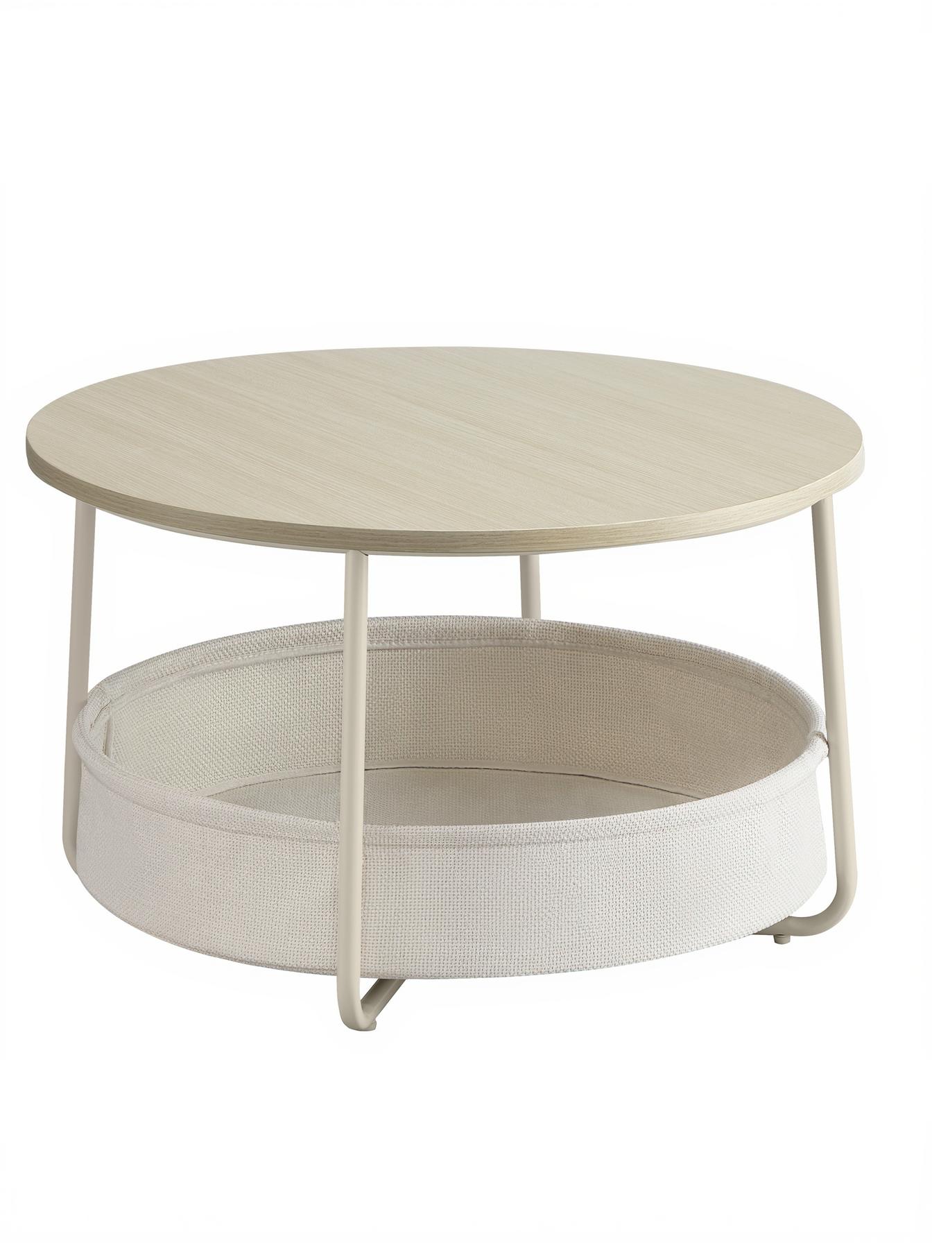 Rundt sofabord med opbevaringskurv - moderne stuebord i naturbeige/cremehvid, metalstel, Ø75 × H45 cm