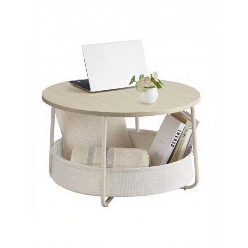 Rundt sofabord med opbevaringskurv - moderne stuebord i naturbeige/cremehvid, metalstel, Ø75 × H45 cm