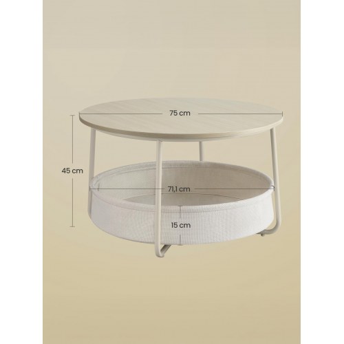 Rundt sofabord med opbevaringskurv - moderne stuebord i naturbeige/cremehvid, metalstel, Ø75 × H45 cm