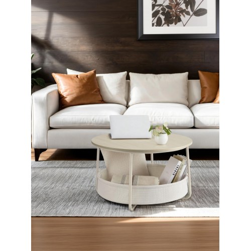 Rundt sofabord med opbevaringskurv - moderne stuebord i naturbeige/cremehvid, metalstel, Ø75 × H45 cm