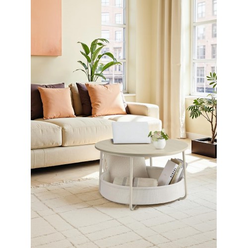 Rundt sofabord med opbevaringskurv - moderne stuebord i naturbeige/cremehvid, metalstel, Ø75 × H45 cm