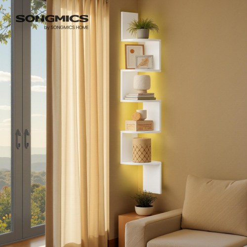 Hjørnehylde med LED-lys – væghængt zigzag 5 niveauer, hvid