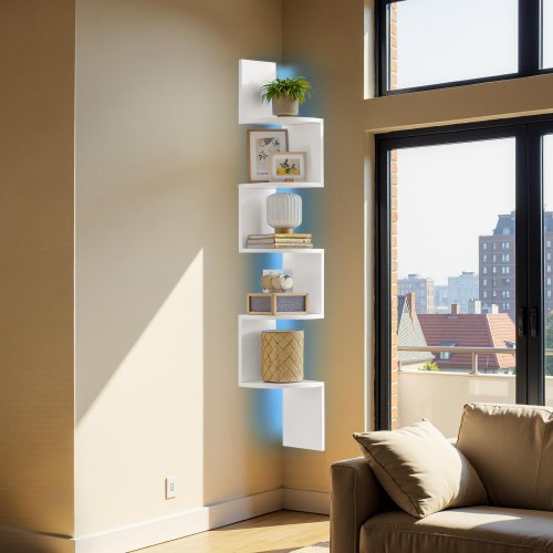 Hjørnehylde med LED-lys – væghængt zigzag 5 niveauer, hvid