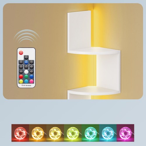 Hjørnehylde med LED-lys – væghængt zigzag 5 niveauer, hvid