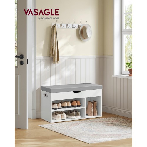 Opbevaringsbænk med polstret sæde – skobænk med 3 rum og skjult opbevaring, hylder, hvid