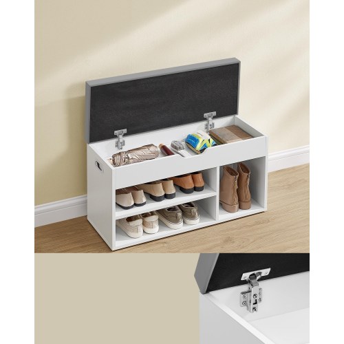 Opbevaringsbænk med polstret sæde – skobænk med 3 rum og skjult opbevaring, hylder, hvid