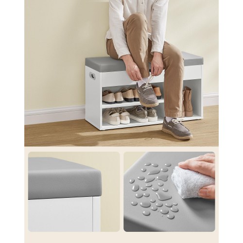 Opbevaringsbænk med polstret sæde – skobænk med 3 rum og skjult opbevaring, hylder, hvid