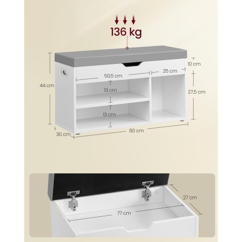 Opbevaringsbænk med polstret sæde – skobænk med 3 rum og skjult opbevaring, hylder, hvid