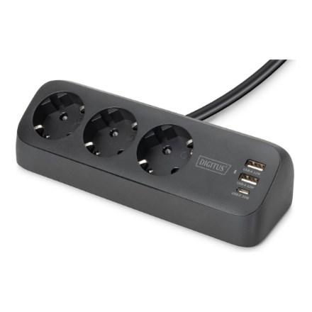 DIGITUS stikdåse til kontor - 3 udtag med 2x USB-A og 1x USB-C, sort billede