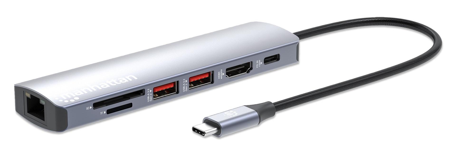 Manhattan USB-C dock med kortlæser – 5-i-1 hub: Ethernet, HDMI, 2× USB-A og USB-C med PD 100 W billede