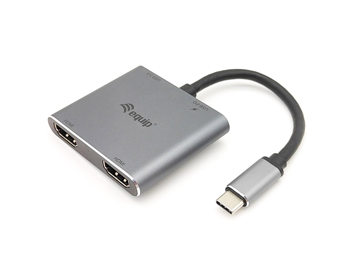 Equip USB-C 4-i-1 Dual HDMI adapter – 4K UHD, sølv
