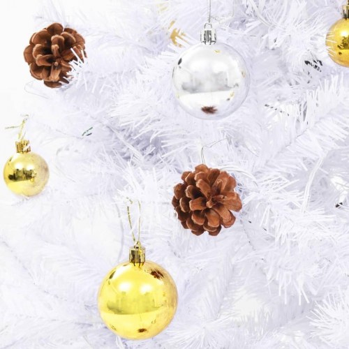 Kunstigt juletræ med LED-lys og julekugler 210 cm - hvid