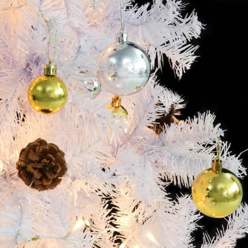 Kunstigt juletræ med LED-lys og julekugler 210 cm - hvid