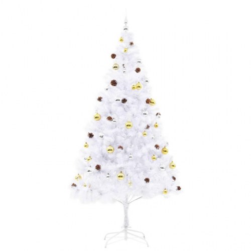 Kunstigt juletræ med LED-lys og julekugler 210 cm - hvid
