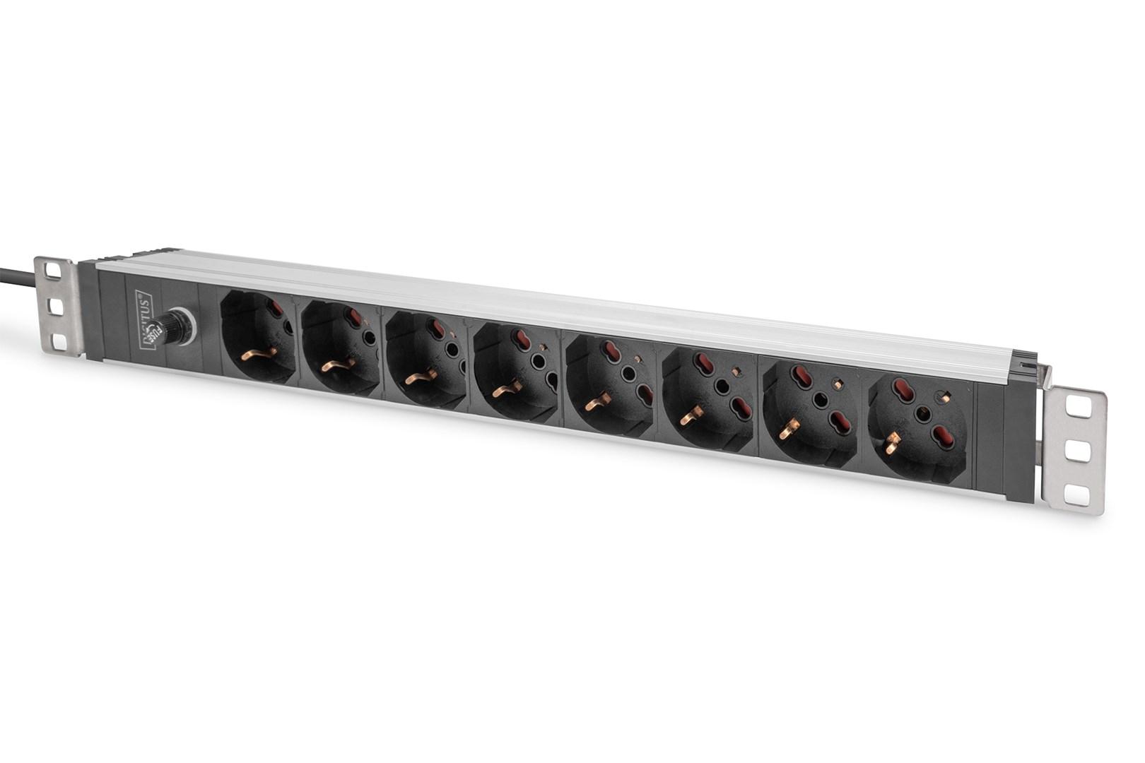 DIGITUS rack-monteret stikdåse 1U – 8× Type L, aluminium, 2 m kabel med IEC C14 billede