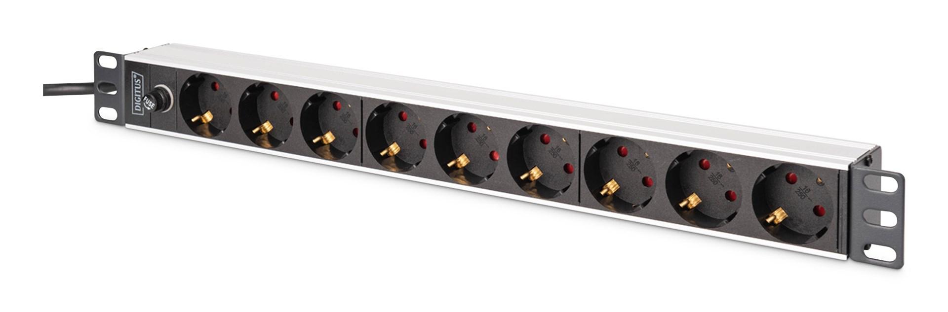DIGITUS - Stikdåse (rackversion) - aluminiumprofil og sikring - AC 250 V - 2500 Wh - input: IEC C14 - output-stikforbindelser: 9 (power CEE 7/7) - 1U - 19 - 2 m ledning