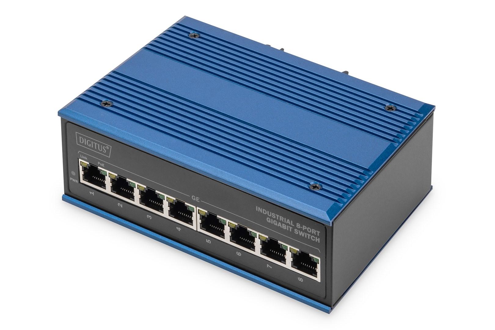 DIGITUS industriel 8-port Gigabit switch – 30 W PoE, unmanaged, blå billede