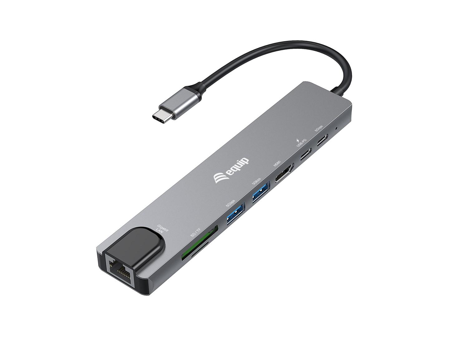 Equip USB‑C 8‑i‑1 multifunktionel adapter – 4K HDMI, Gigabit LAN, USB og kortlæser