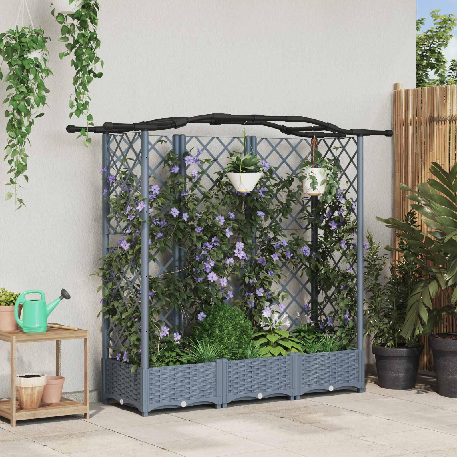 Hævet Bed med Trellis og Tag Lysegrå 163 x 40 x 126 cm PP