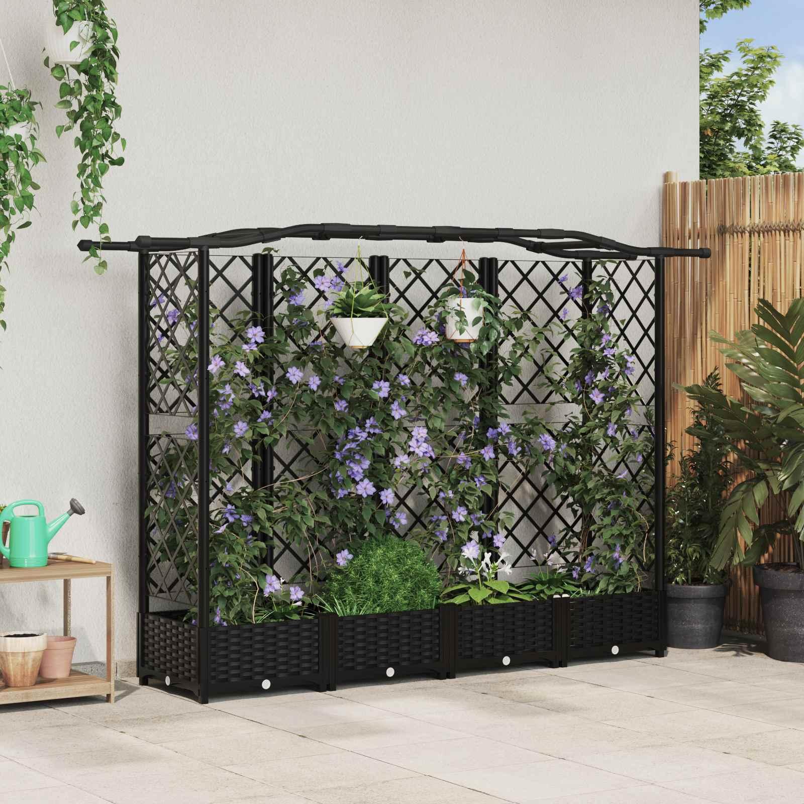 Hævet Bed med Trellis og Tag Sort 203,5 x 40 x 125 cm PP
