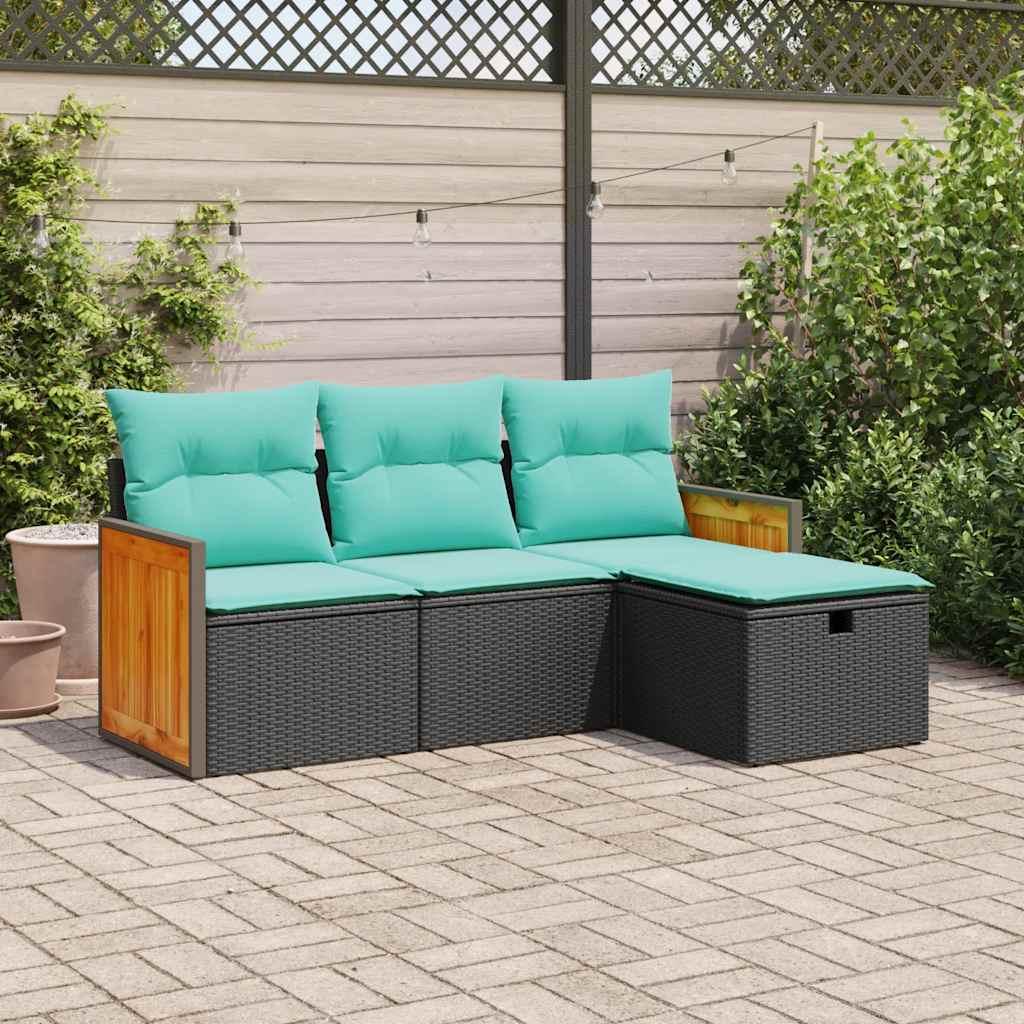 Havesofasæt i polyrattan - 4 dele med opbevaring, sort/blå hynder