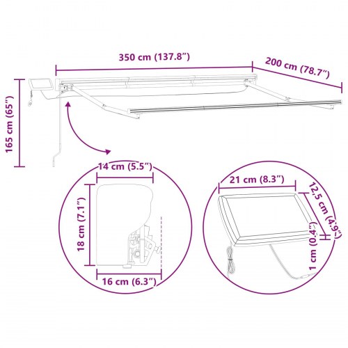 Manuel markise-ramme med LED-lys Grøn, Gul, Antracit 3,5 x 2 m