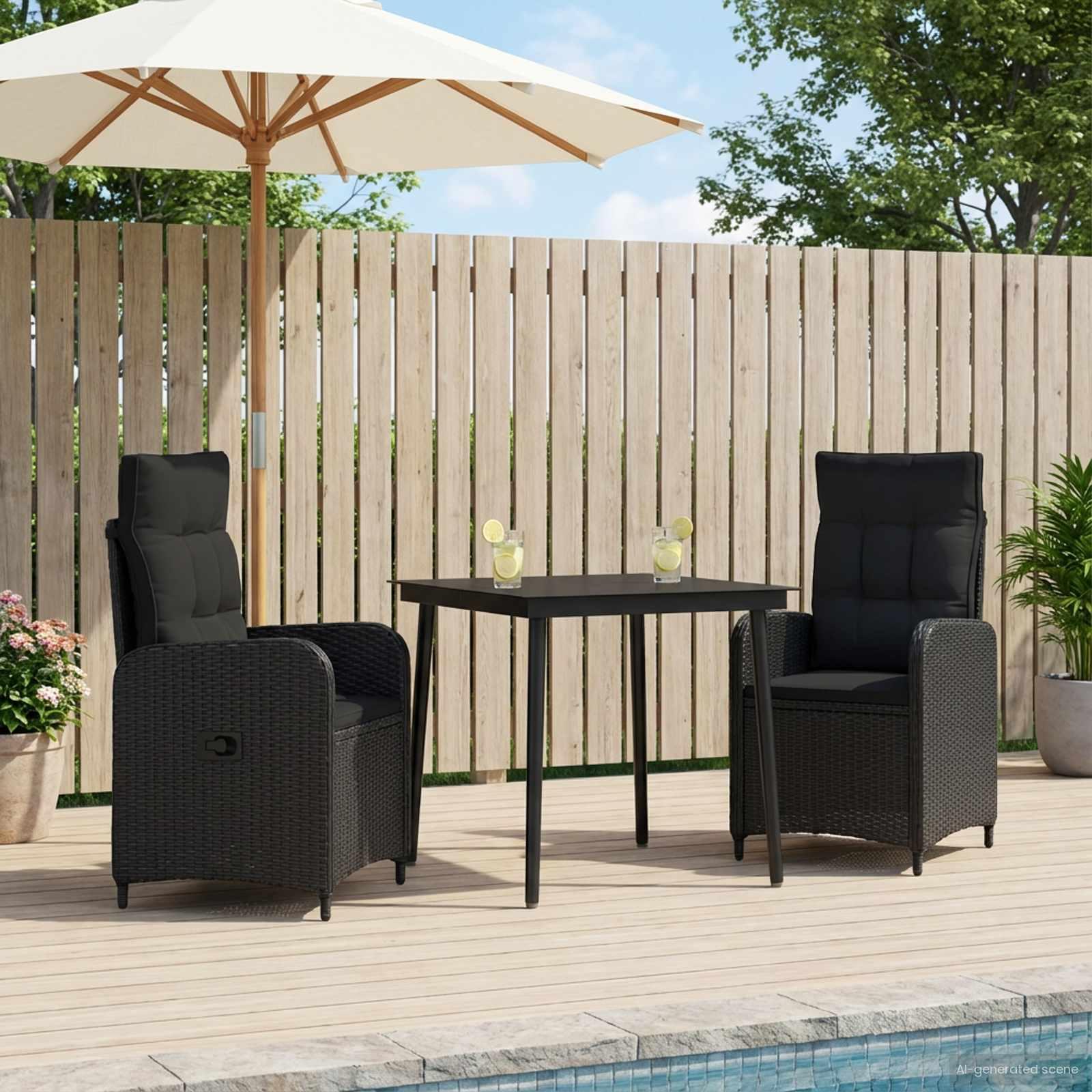 Sofa Bord Sæt 3 stk Sort PE rattan og pulverlakeret stål