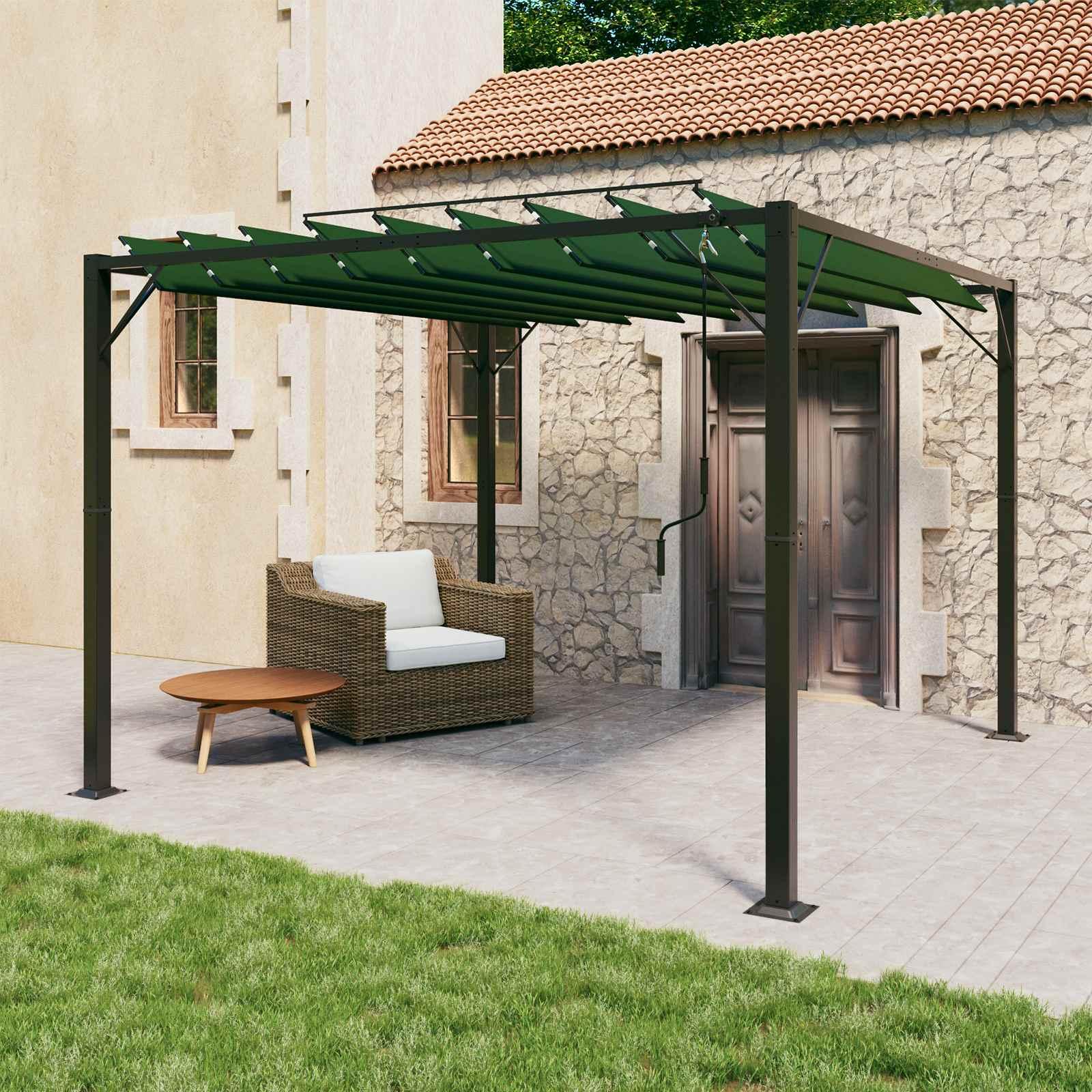 Pergola med louvret tag Grøn 3 x 3 x 2,14 m Stof og aluminium