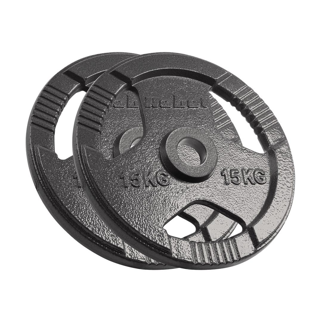 Ketaus olimpinių svarmenų rinkinys 2 x 15 kg, 51 mm skylė, plokštelė su rankenomis, REBEL ACTIVE