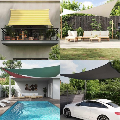 Trekantet solsejl 4 × 5 × 5 m - gul/hvid stribet, 100% polyester Oxford