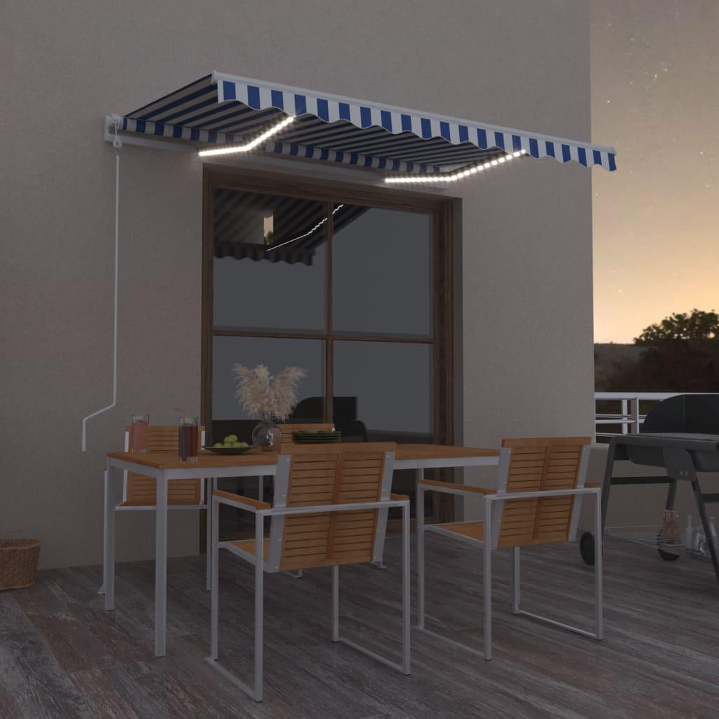 Markise m. LED + vindsensor 350x250 cm automatisk blå og hvid