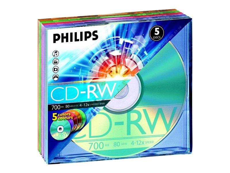Philips CD-RW 700 MB 4-12x - 5-pak i tynd cd-boks