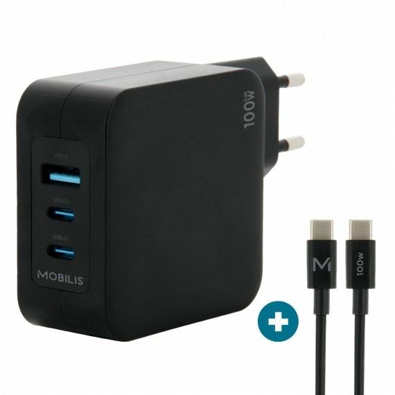 MOBILIS GaN vægoplader 100 W - 2x USB‑C + 1x USB‑A inkl. 100 W USB‑C‑kabel - Sort billede