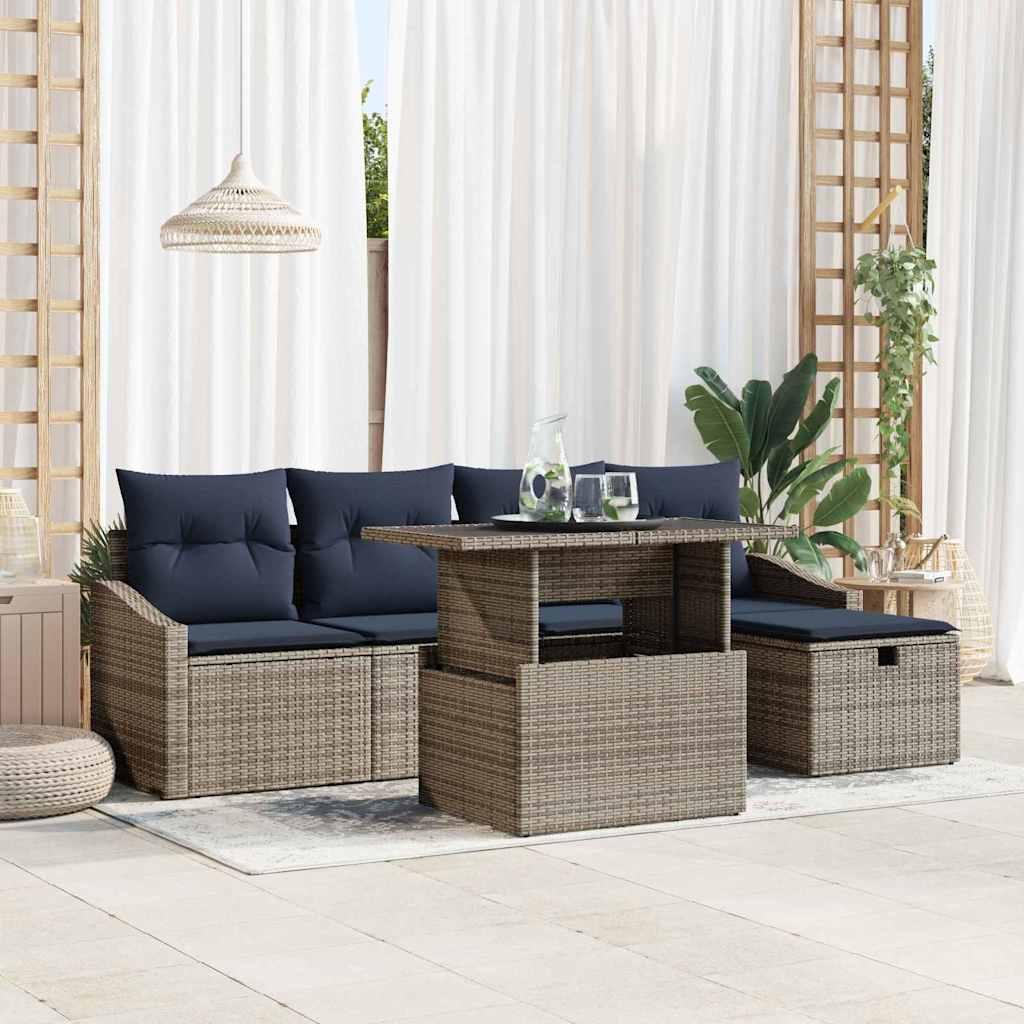Modulært havesofa-sæt i grå polyrattan - 6 dele med højdejusterbart bord