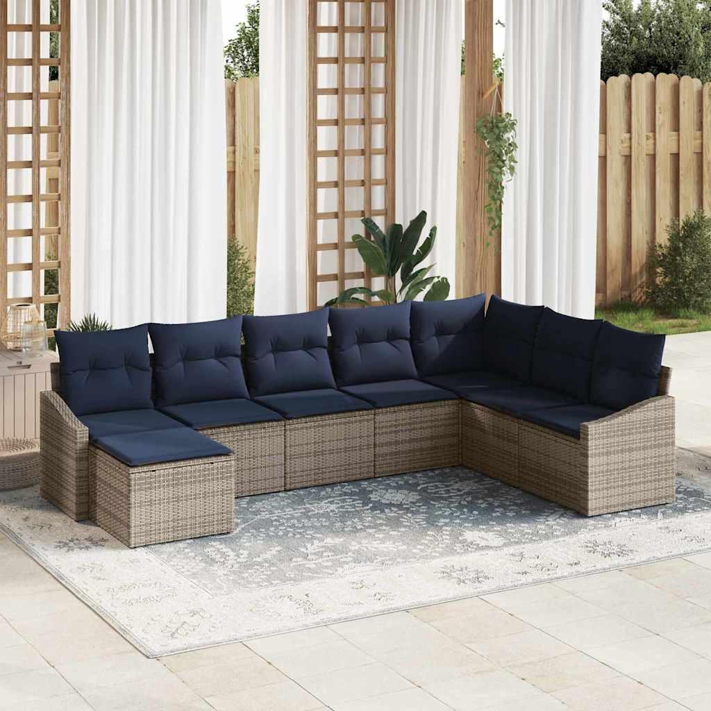 Havesofa Sæt med pude 8 stk Grå og Marineblå polyrattan