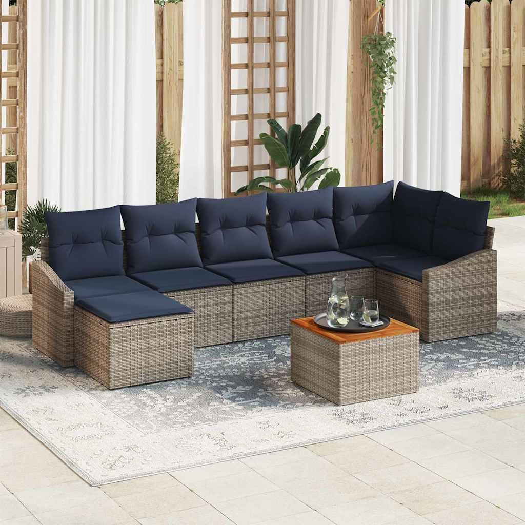 Havesofa Sæt med opbevaring 8 stk Grå og Marineblå polyrattan