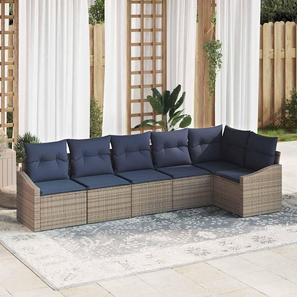 Havesofa Sæt med pude 6 stk Grå og Marineblå polyrattan