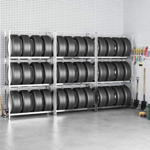 Dækreoler - 3 stk. med 3 hylder, 110 × 40 × 200 cm, stål, sølvfarvet
