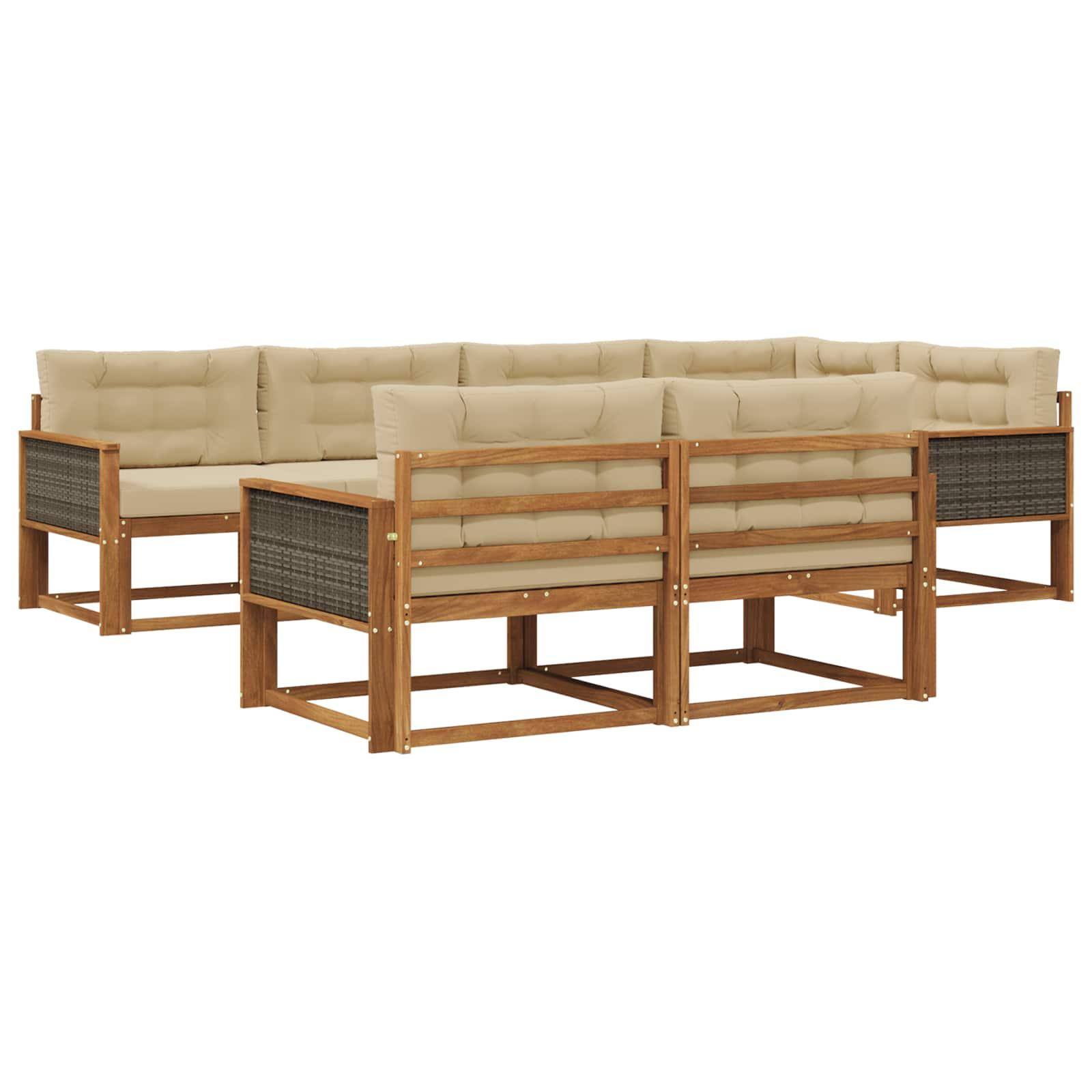 Udendørs Sofagruppe 7 Dele Massivt Akacietræ - Naturlig og beige / Grå rattan