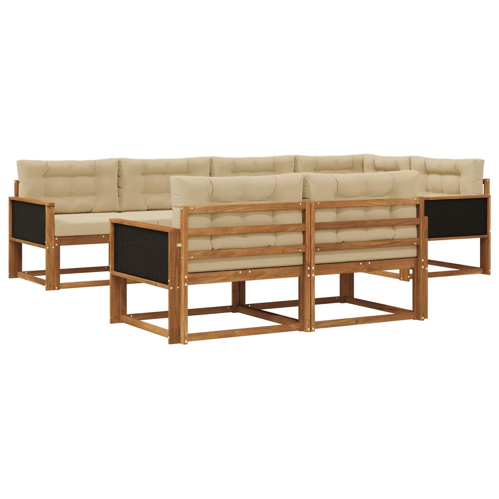 Udendørs Sofagruppe 7 Dele Massivt Akacietræ - Naturlig og beige / Sort rattan