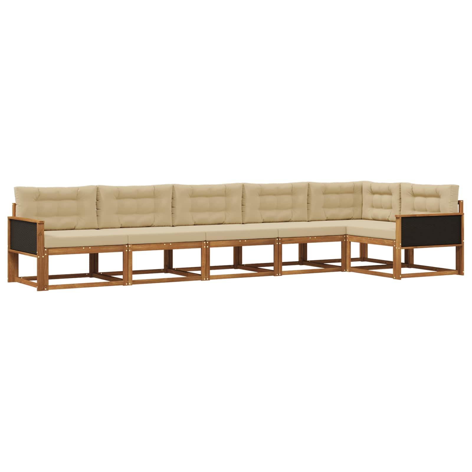 Udendørs Sofagruppe 6 Dele Massivt Akacietræ - Naturlig og beige / Sort rattan