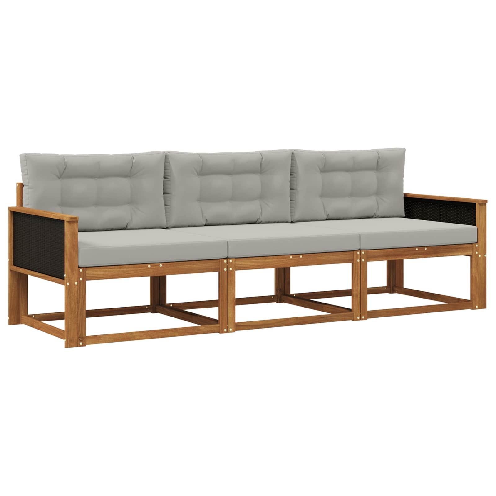 Udendørs sofagruppe i akacietræ med puder, 3 pers. - naturlig/lysegrå