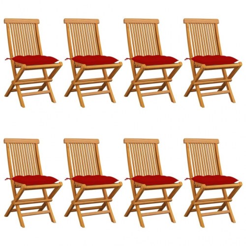 Havestole i massivt teaktræ - foldbare med røde hynder, 8 stk.
